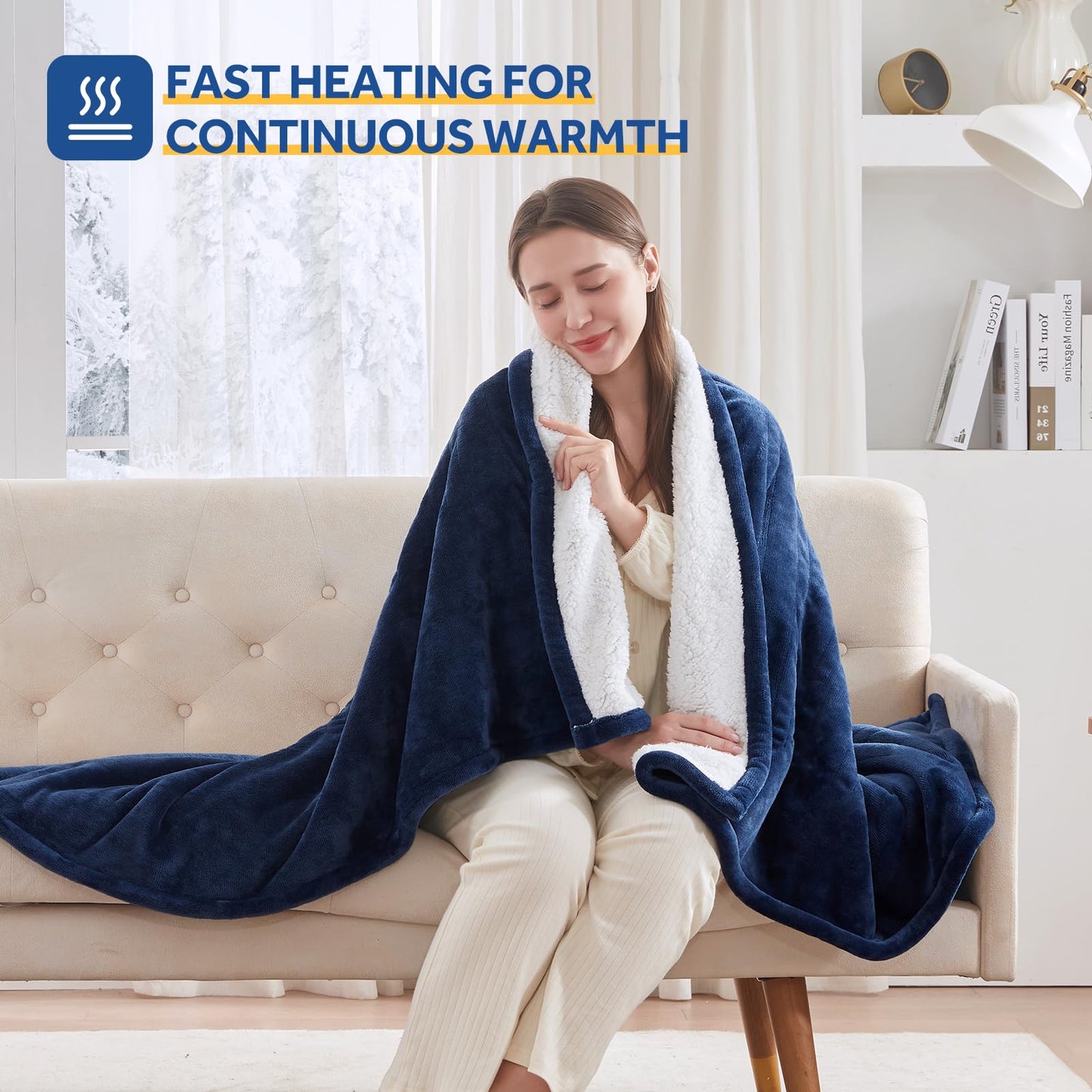 Sealy Electric Blanket Throw Size 50"*60",Super Cozy Flannel to Sherpa Reversible Heated Blanket Throw with 6 Heating Levels & 2-10 Hours Auto Off Overheating Protection Machine Washable,Beige
