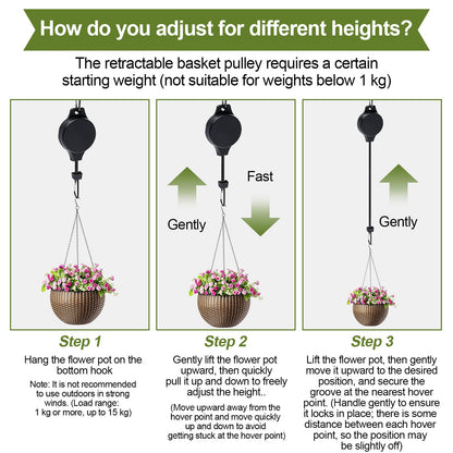 TERVEEX Retractable Plant Hanger with Pulley System, Effortless Raising and Lowering for Indoor and Outdoor Plants, Hanging Planters, Garden Pots & Bird Feeders (4-Pack,Black)