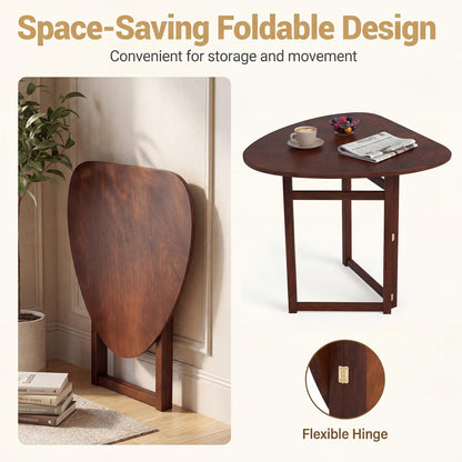 COSTWAY 31.5" Foldable Triangular Dining Table for 2-3, Small Kitchen Table with Walnut Wooden Top, Rubber Wood Legs, Space-Saving Compact Table for Small Apartments & Breakfast Nooks