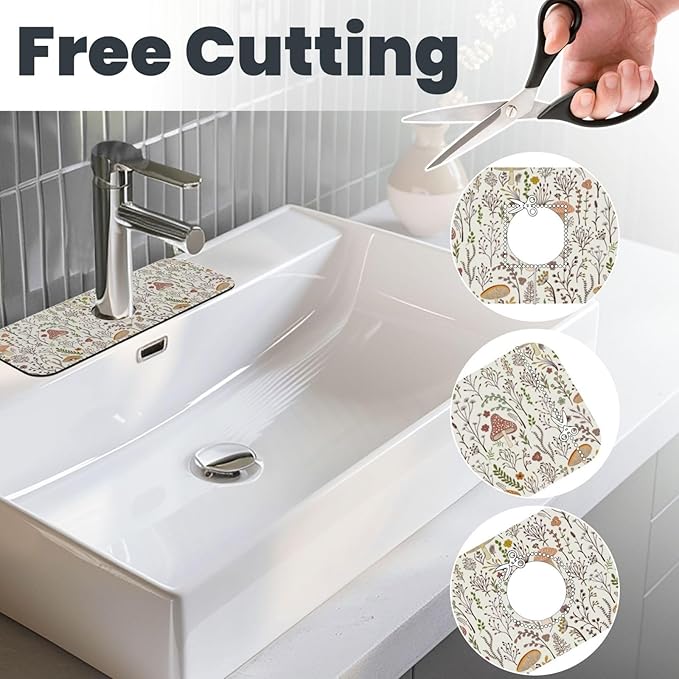 Cute Mushroom Wild Plant Kitchen Sink Splash Guard Faucet Mat 1 Pcs, Absorbent