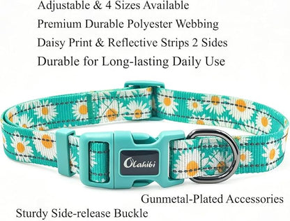 Dog Collar Leash Set, Floral Pattern, with Safety Reflective Strips, 5 ft Matching Leash, Neoprene Padded Handle, Adjustable 4 Sizes for Small Medium Large Dogs.(S, Green Daisy)
