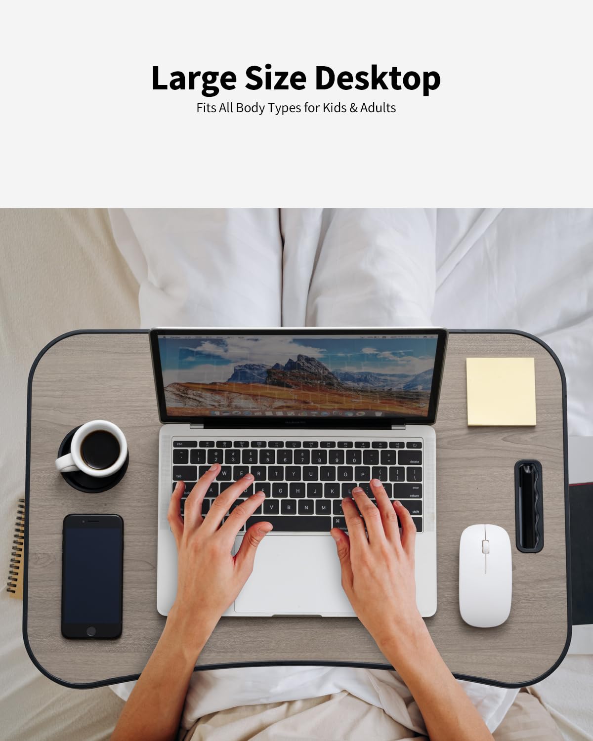 VIFOCAE Foldable Lap Desk, Laptop Bed Desk, Portable Lap Table, Laptop Bed Table with Cup Holder & Tablet Slot & Lifting Handle for Working Writing Drawing & Eating - Gray Wood