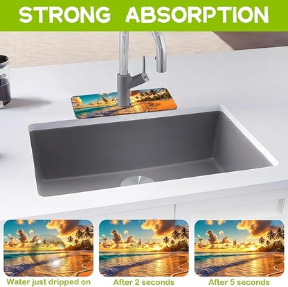 Sunset Beach Waves Palm Trees Kitchen Sink Splash Guard Faucet Mat Super