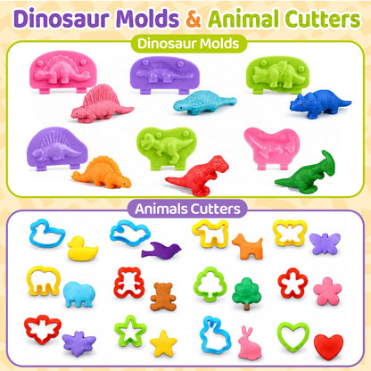 Playdough Tools Sets for Kids, 35Pcs Clay and Dough Tools Accessories Set with Silicone Mat & Storage Box, 3D Dino Molds, Animal Cutters, Dough Extruder, Rolling Pins for Educational Play Activities