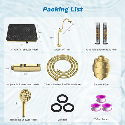 Hibbent cUPC Certified 13'' Shower Head Combo, High Pressure 5 Spray Rainfall Showerhead, 10 Spray Handheld, All Metal Easy Reach 4-way Diverter Arm with Pause Mode, 71'' Hose and Holder, Brushed Gold