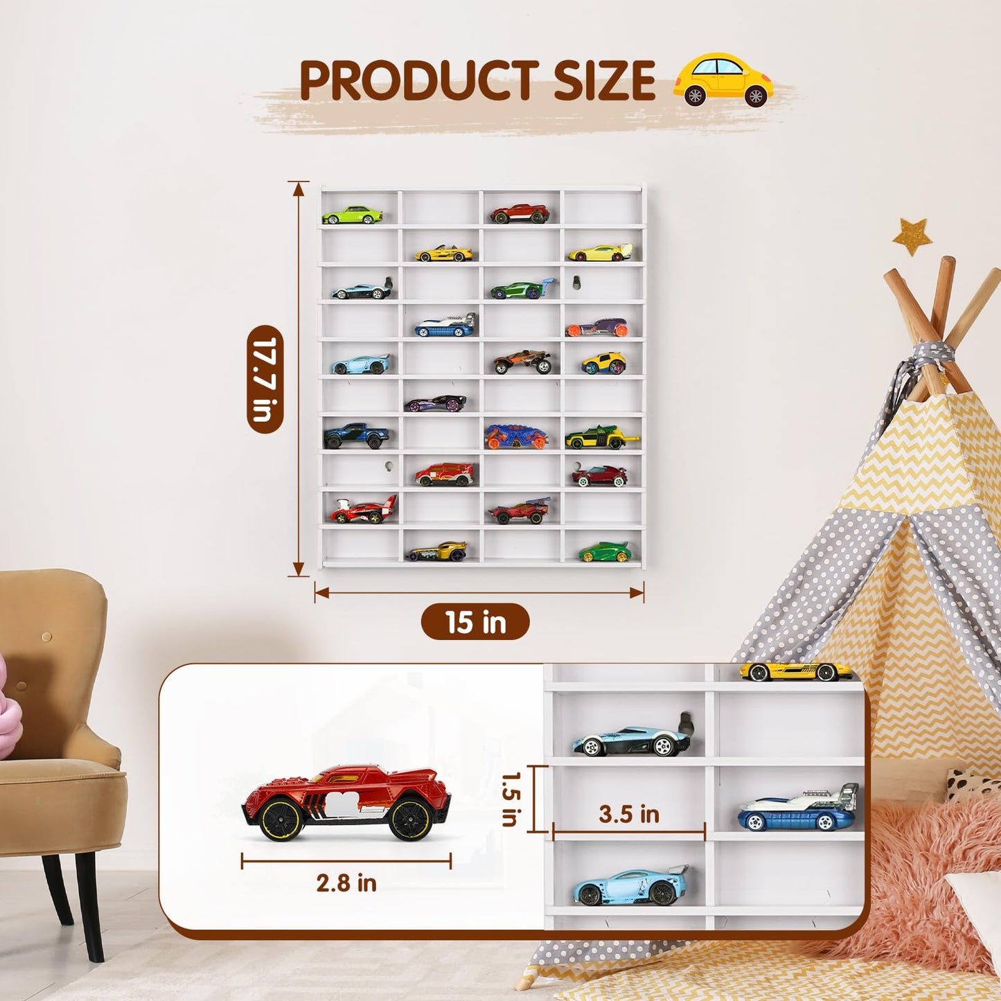 Krafetto Toy Car Display Shelf, Holds 40 Diecast 1/64 Toys Car, Wall Mount Model Cars Storage Organize Case
