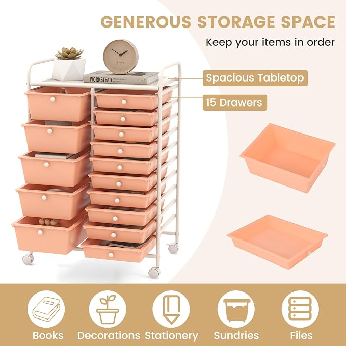 GOFLAME 15-Drawer Rolling Storage Cart, Craft Storage Cart with Removable Drawers & Lockable Wheels, Art Cart Supply Storage Organizer for Home Office Classroom, Peach Fuzz