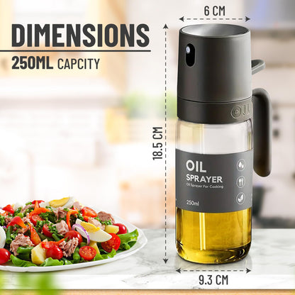 Oil Sprayer Kitchen Gadget for Cooking High Borosilicate Glass Oil Sprayer Mister, 250ml Olive Oil Spray Bottle for AirFryer, Salad, BBQ, Kitchen Baking, Roasting, Dark Gray