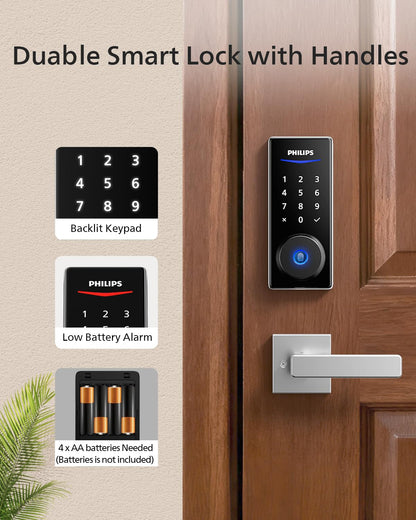 Philips Smart Lock with Handles, Smart Door Lock with 2 Level Handles, Keyless Entry Door Lock Set, Digital Keypad Deadbolt for Front Door, App Fingerprint PIN Code Unlocking, Auto Locking