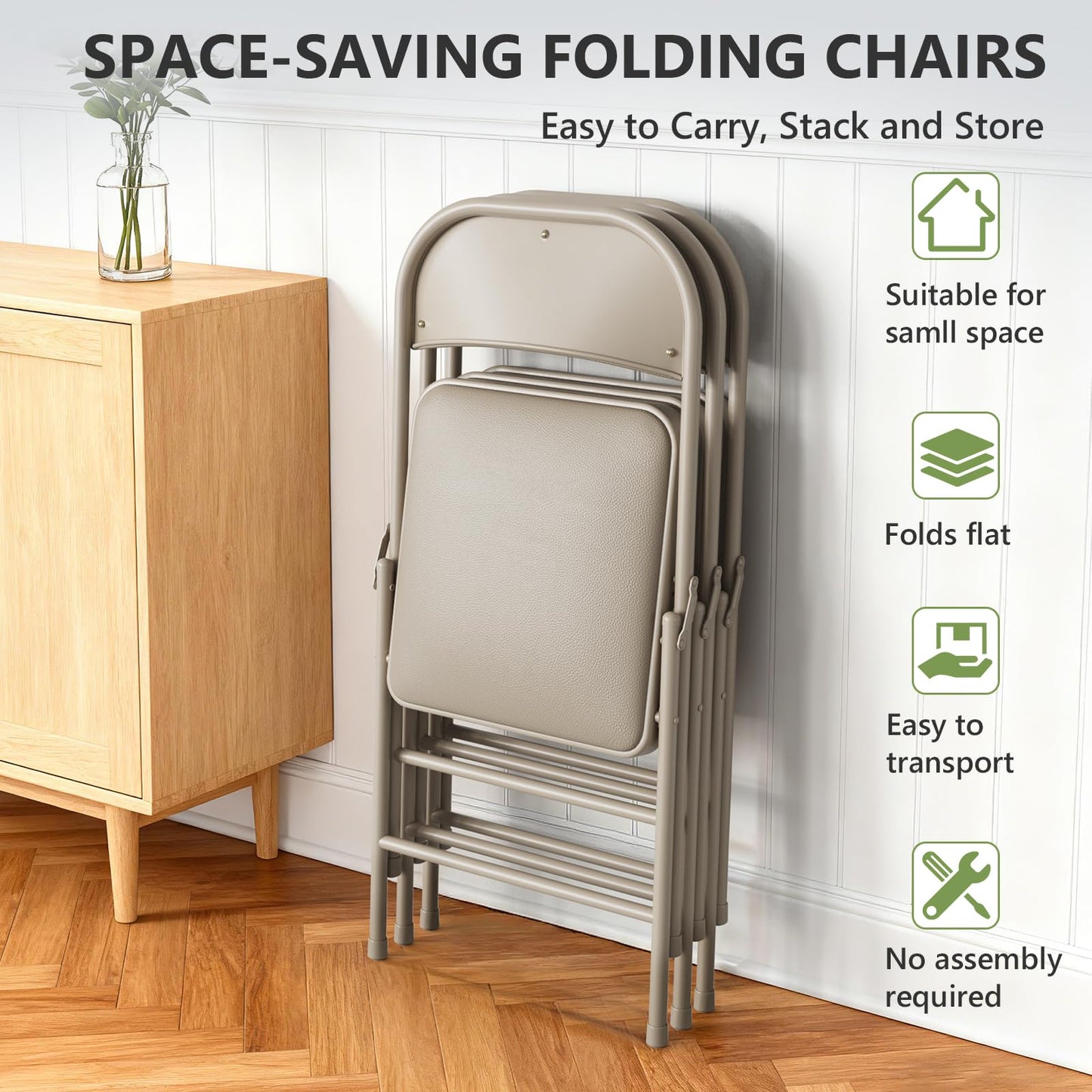 FurniEdge Padded Folding Chairs 2 Pack, PU Leather Folding Chairs for Outside and Indoor, Heavy Duty Portable Foldable Metal Chairs for Home Office, Dorm, Party, Backyard, Patio, Khaki