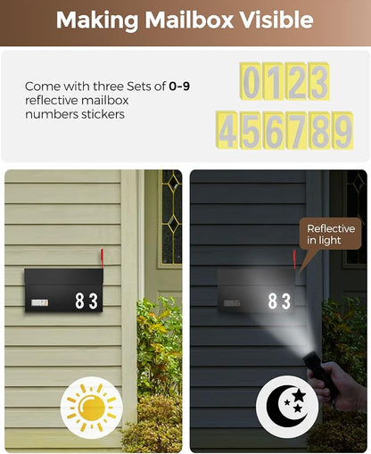 Modern Mailboxes for Outside, Metal Wall Mount Mailbox, with One Flag Kit and Three Sets of Mailbox Number Stickers, 3.9" D×13" W×7.1" H, Rust Resistant Coating Mail Boxes for House, Black AMB06B