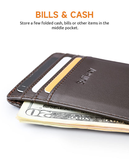 Buffway Mens Slim Wallet, Minimalist Thin Front Pocket Leather Credit Card Holder with RFID Blocking for Work Travel - Boston Chocolate