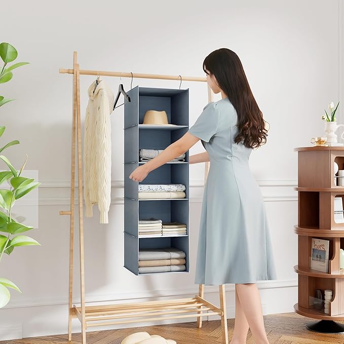 Hanging Closet Organizer 5-Shelf, Easy Mount Foldable Wardrobe Storage Shelves
