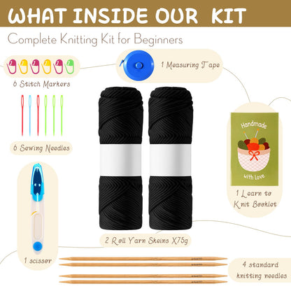 Maasechs Knitting Kits for Beginners Adults Complete Hat Knit Set with Yarn Bamboo Needles Starter Crochet Kit with Full Knitting Crochet Accessories for Women and Men(Black)