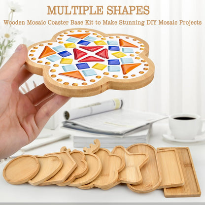 BUYGOO 10Pcs DIY Wooden Mosaic Tiles Coasters Assorted Shapes, Blank Base Trays, Drinking Cup Coaster, Plant Coaster, Art Plate, DIY Mosaic Supplies for Arts and Crafts Home Decor