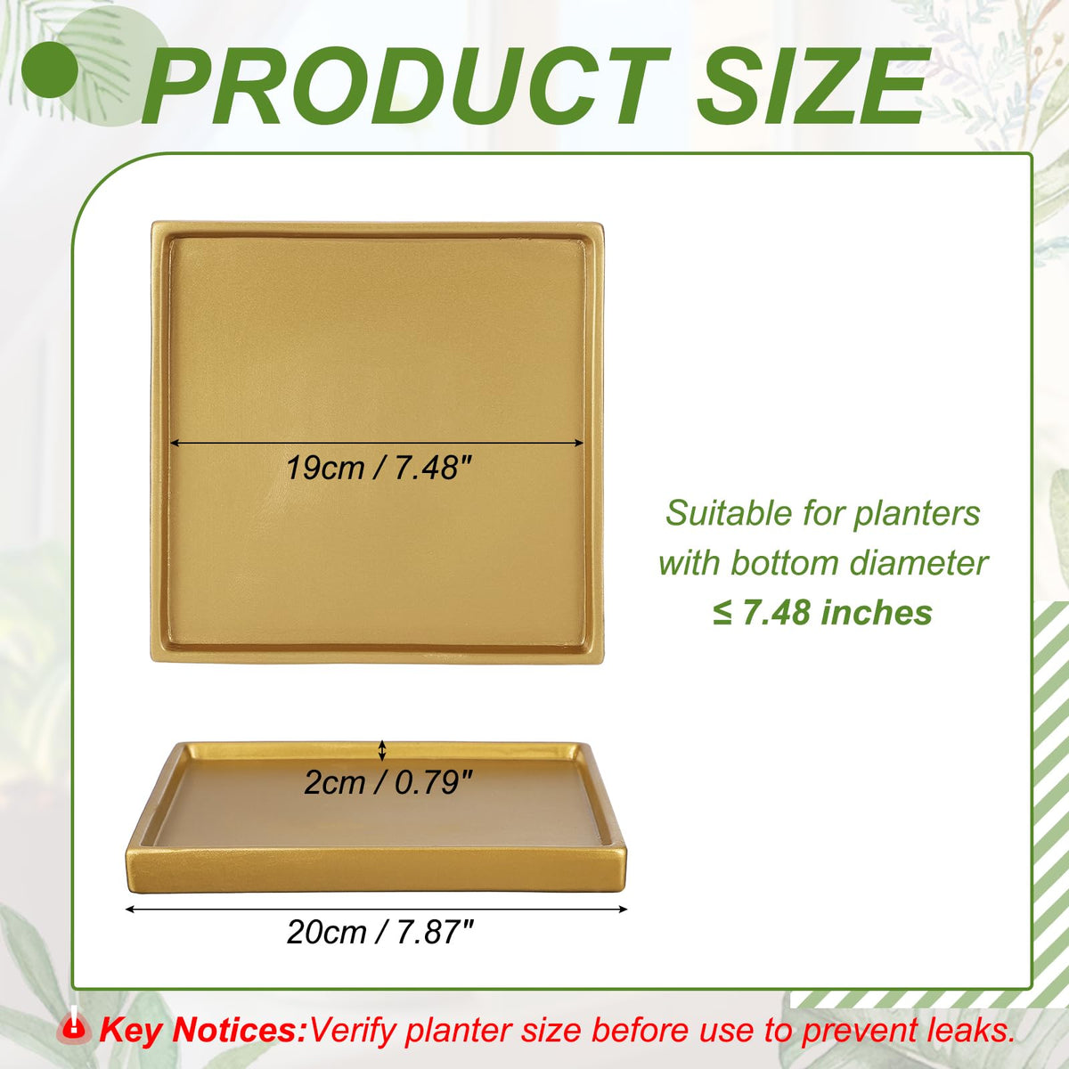 YELARXI 7.5 Inch Ceramic Plant Saucers, Square Flower Planter Water Trays Ceramic Plant Saucer Pot Tray -Fitting for (Outdoor/Indoors/Garden/Planting/Water/Flower/Coffee) Gold