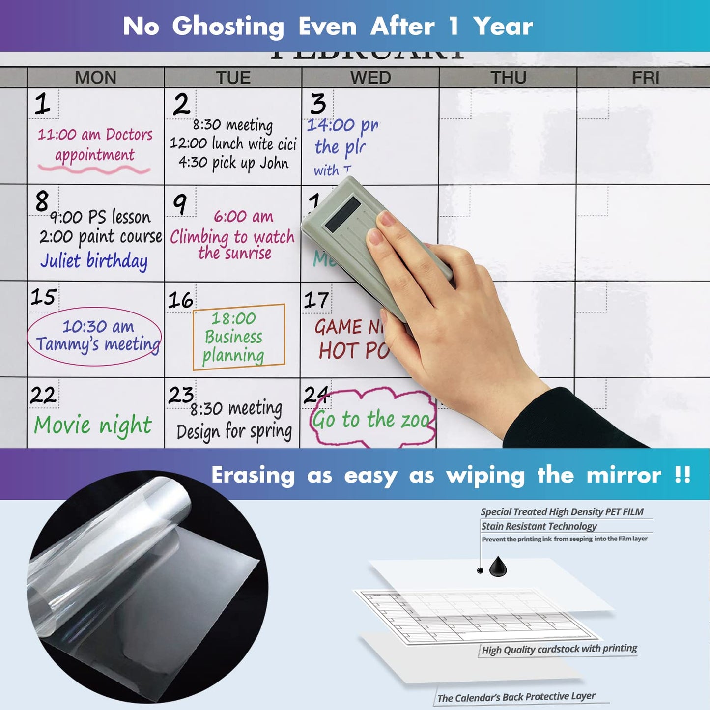 Jumbo Dry Erase Yearly Whiteboard Wall Calendar, 55" x 63", Huge 12 Month Laminated Erasable White Board, Giant Annual Family Schedule Planner, Large Undated Reusable Year Poster