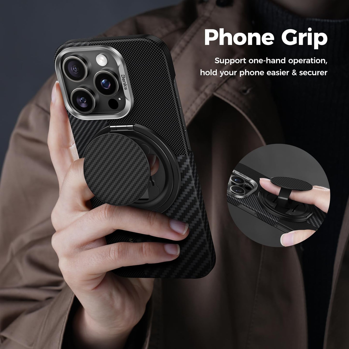 BENKS ArmorPop Magnetic Phone Grip & Stand for MagSafe, 360° Rotation Adjustable Phone Ring Holder for iPhone 17/16/15/14/13/12 Series, Durable Kevlar Design