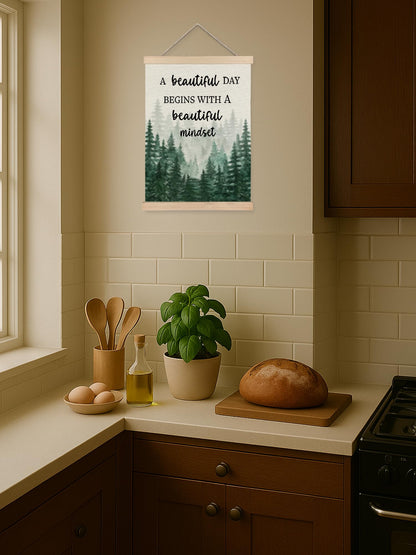 Mindset Framed Canvas Wall Art - A Beautiful Day Begins with a Beautiful Mindset Hanging Canvas Wall Decor for Bedroom Office, Nature Forest Mountain Positive Hanging Poster, Inspirational Gifts for Women