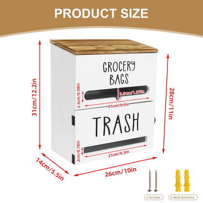 Liuceny 2 in 1 Trash Bag Dispenser, Double Wall Mounted,Wood Trash Bag Holder, used in kitchen, garage, laundry room, can store Environmentally friendly food bags and garbage bags (White)