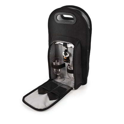 True Metro Insulated Wine Tote with Pockets, Wine Bottle Carrier and Picnic accessory set, wine glasses set of 2, Napkins, Corkscrew, and Bottle stopper, Black, Set of 1