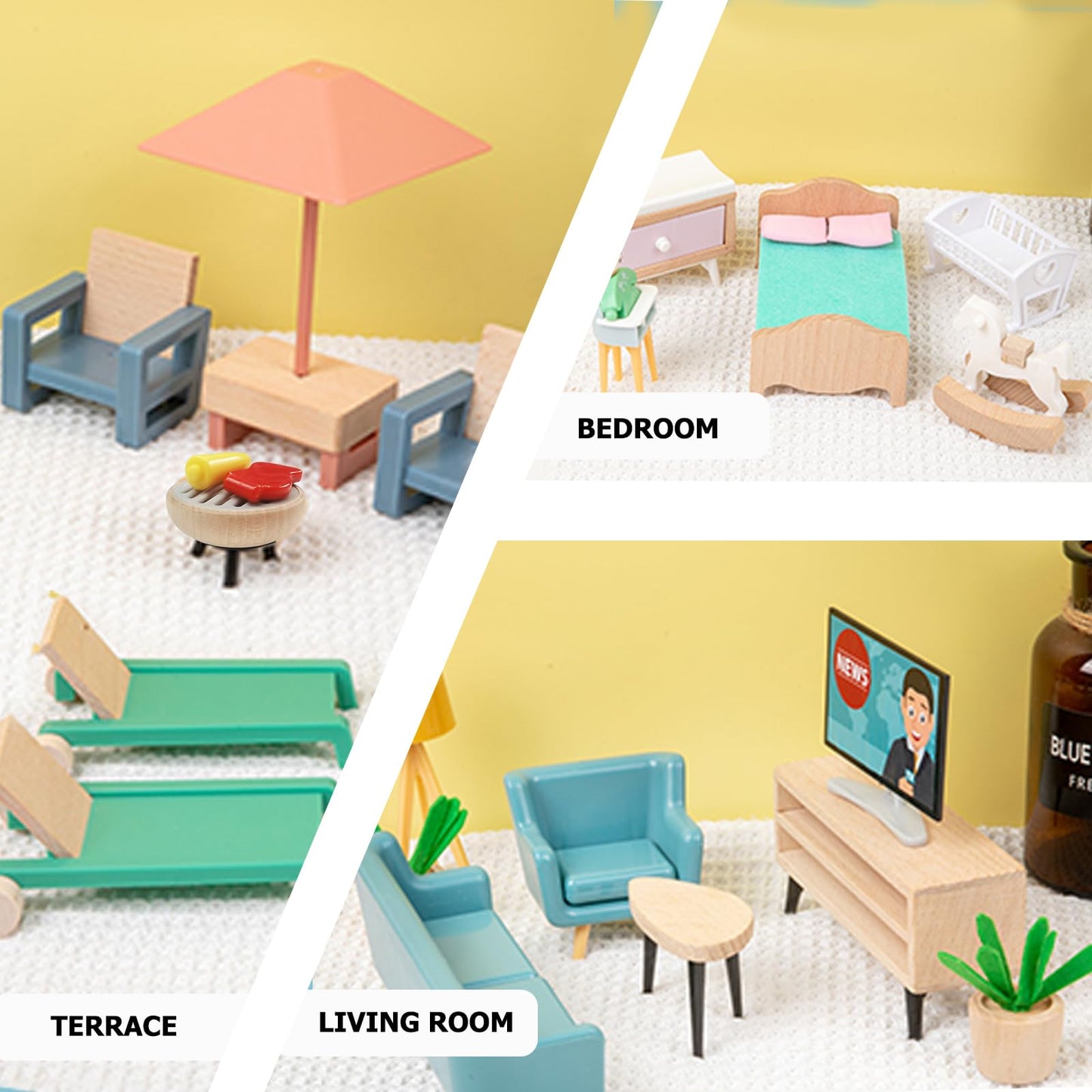 Smartwo 43PCS Wooden Dollhouse Furniture Set 6 Rooms with 5 Family Dolls,Wood and Plastic Dollhouse Accessories, in/Outdoor Scenes Pretend Play Toys Christmas Birthday Gift for Boys Girls & Kids 3Y+