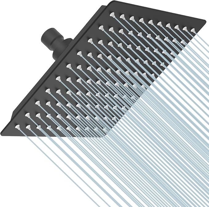 BESy 8 Inch Rain Shower Head, 8" Square Rainfall & High Pressure Stainless Steel Bath Showerhead, 1/16" Ultra Thin, Waterfall Full Body Coverage with Silicone Nozzle, Matte Black Finish