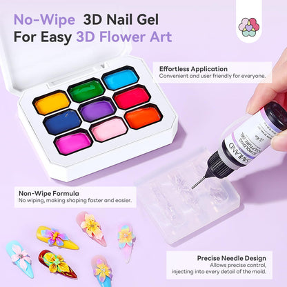 SAVILAND 3D Patting Gel Polish Kit: 9 Colors Pat Gel Polish Palette No-Wipe Blooming Gels Nail Polish 3D Nails Sculpting Gels with Flowers Shape Silicone Mold Sponges for Ombre Aura Nails Art DIY