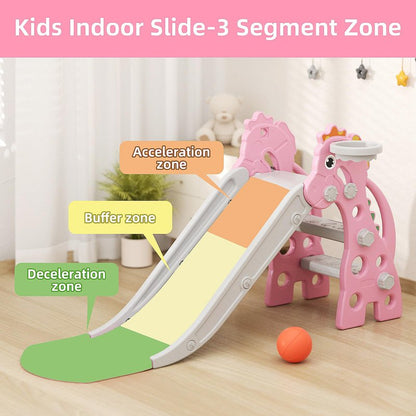 GLAF Toddler Slide Indoor for Toddlers 1-3 Baby Slide Outdoor Playset with Basketball Hoop and Ball Plastic Foldable Slides for Kids Backyard Climber Set (Pink)