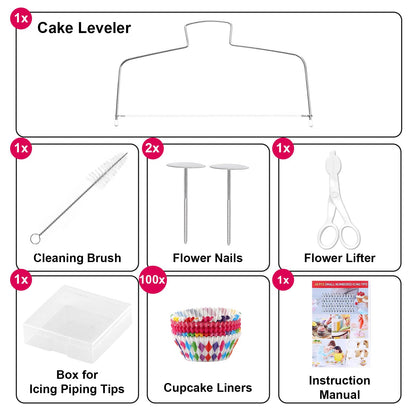 Gymdin 222 PCS Cake Decorating Kit - Includes Cake Turntable, Leveler, Piping Bags and Tips Set, 2 Frosting Spatulas, 3 Scrapers, 100 Cupcake Liners, Booklet and more Decorating Supplies