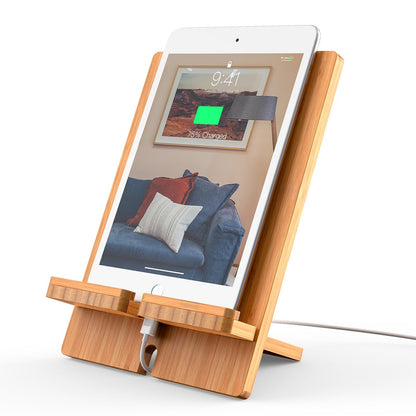 Pezin & Hulin Bamboo Tablet Stand Adjustable, Desktop Cell Phone Stand Holder Dock Compatible with Pad Air/Pro/Mini, E-Reader, Smartphone (Support to 4.7-13" Devices)-Bamboo