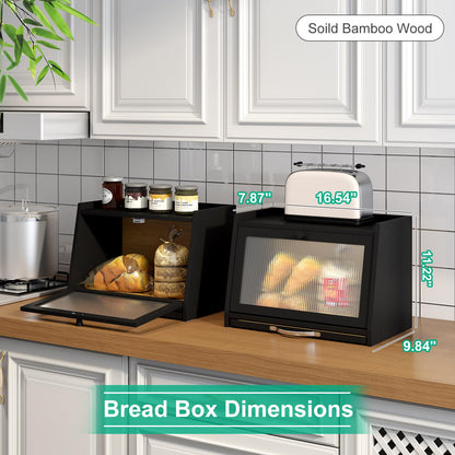 kiplant Bread Box with Cutting Board, Bamboo Bread Box for Kitchen Counter, Bread Storage Container with Wavy Arcylic Transparent Door (Black)