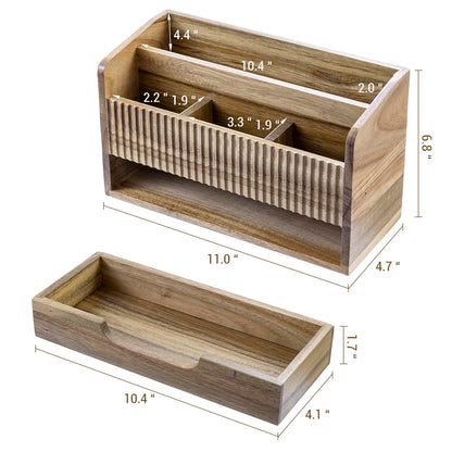 MyGift Premium Acacia Solid Wood Desk Organizer with Mail Sorter, 3 Pencil Cup Compartments & Bottom Storage Drawer, Office Supplies Organizer for Desk or Home Office