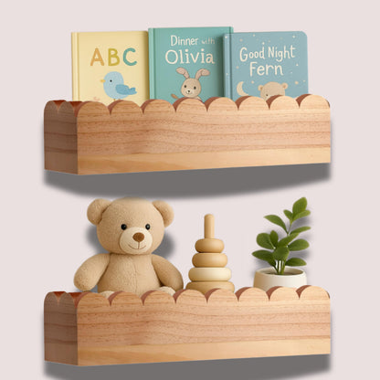 Green Goods Supply Scalloped Shelves - Set of 2 Pre-Assembled 15.6inch Floating Nursery Book Shelves, Scalloped Book Shelf - Kids Wall Bookshelf, Nursery Decor, Floating Shelves for Wall