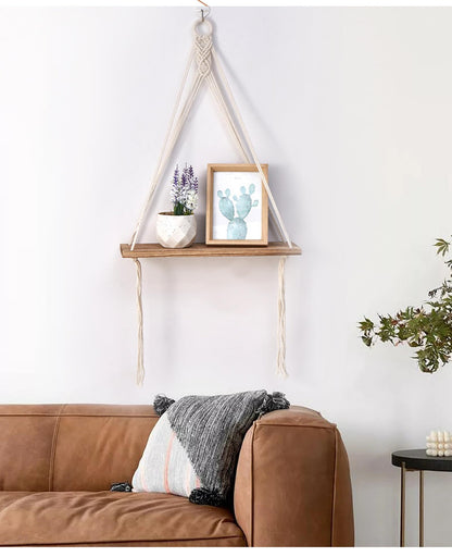 DD-life 2 Pcs Macrame Rope Triangle Shelf Wooden Wall Hanging Shelves Macrame Hanging Shelf Farmhouse Rustic Modern Plant Aesthetic for Room Nursery Bathroom Living Room College Dorm Room