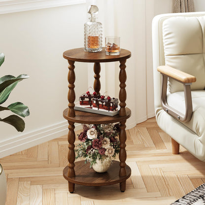 Yoobure Small Round Side Table - 3-Tier End Table with Storage Shelf, Narrow Bedside Table Nightstand for Bedroom, Accent End Tables Living Room, Wood Side Tables for Small Spaces, Office, Walnut