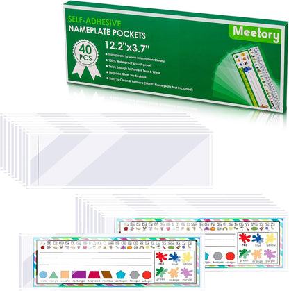 Meetory 40 PCS Upgraded Nameplate Pocket, Self Adhesive Desk Nameplates Name Tag Pocket, No Residue Clear Plastic View Name Tag Sleeves for Classroom Desk, Office Supplies (12.2" x 3.7")