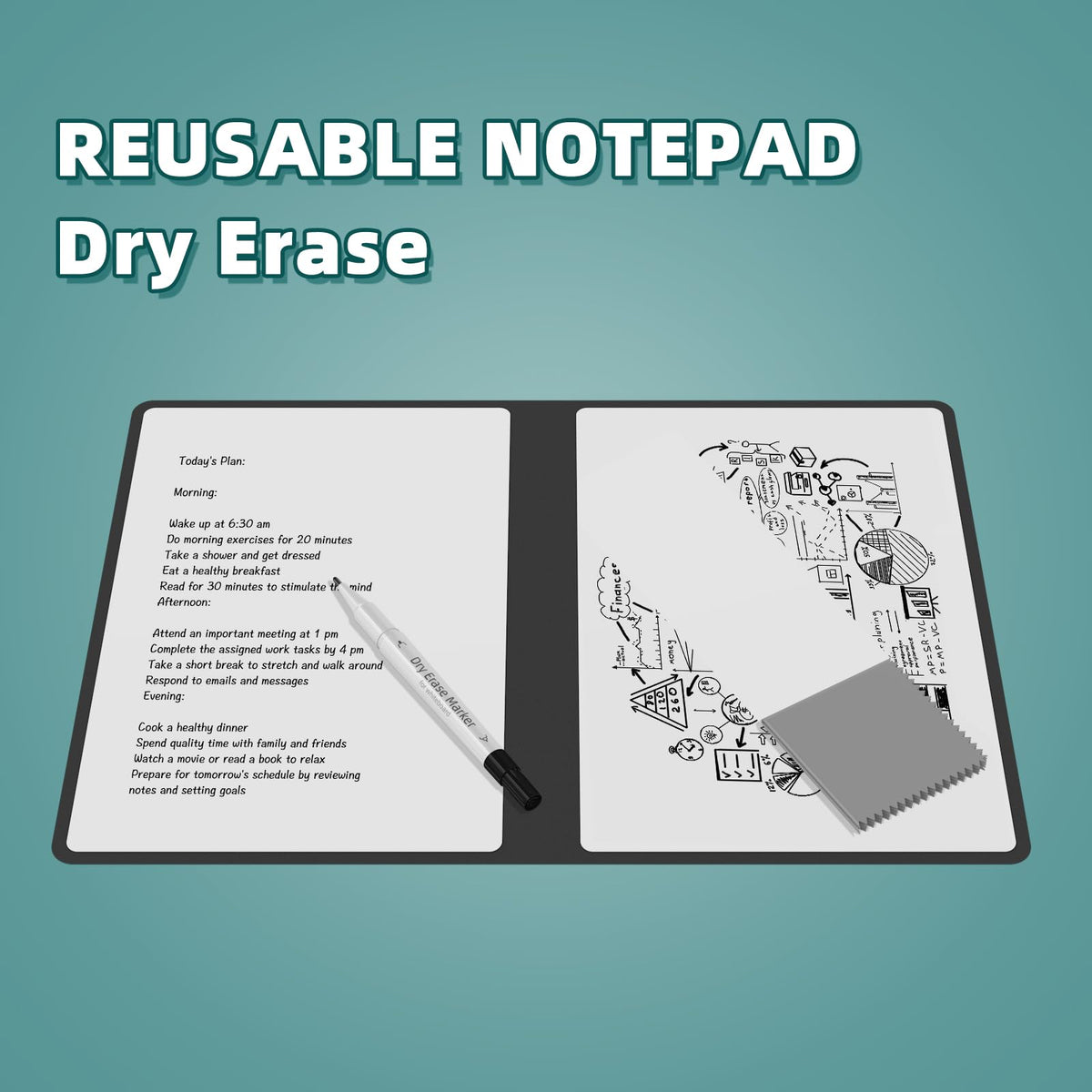 Portable Dry Erase Board,Reusable Whiteboard Notebook, Double-Sided White Board PU Cover 9.5"x6.6" with Marker,Wipe Cloth (Grey)