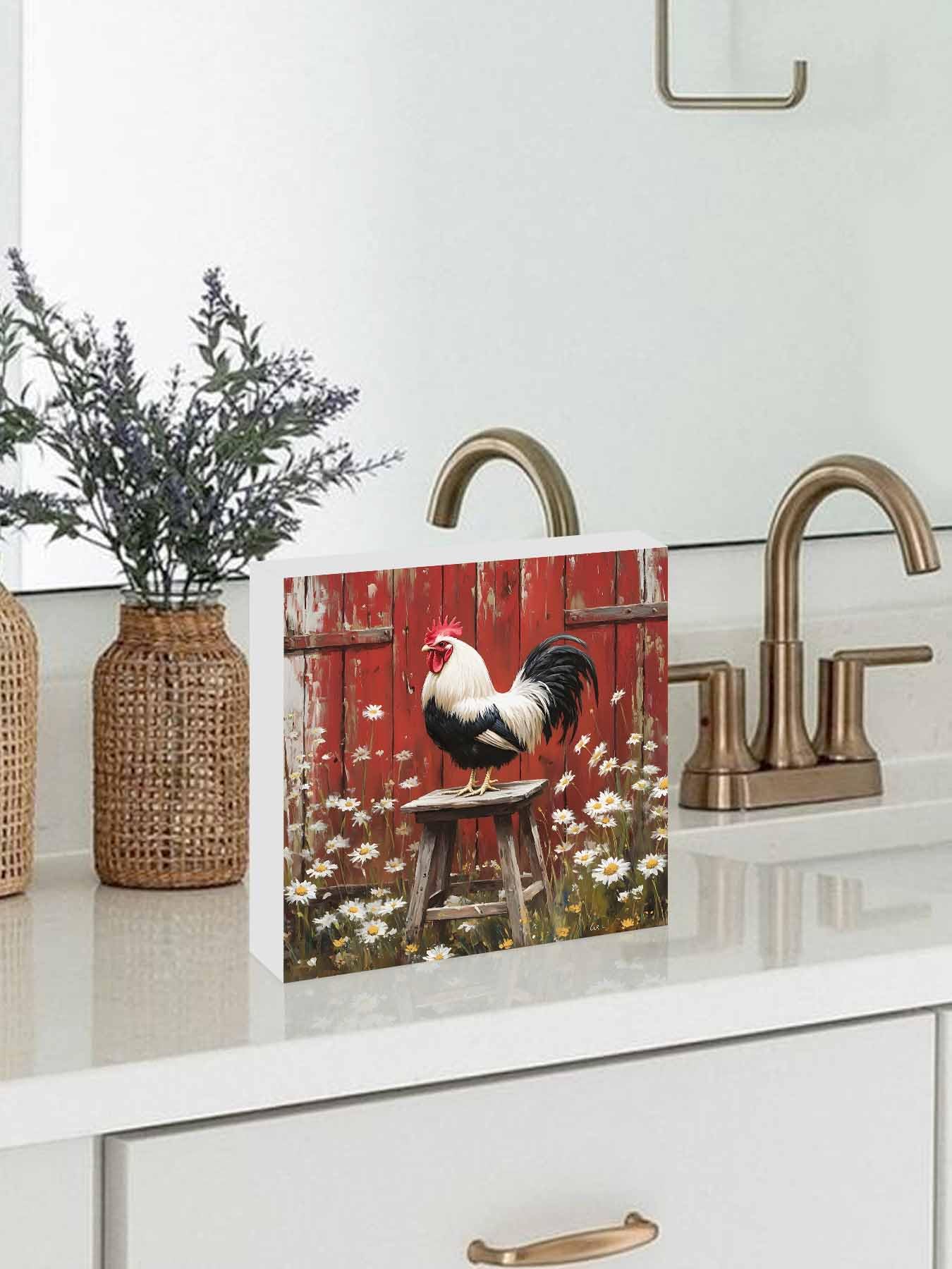Wood Box Sign Desk Decor, Rustic Farmhouse Rustic Red Barn Rooster Wildflowers Decorative Wooden Block Box Sign Decorations for Home Office Shelf Table Decor 6x6 Inches