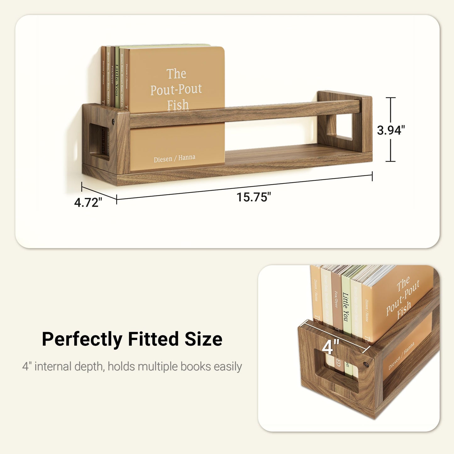 TidyCorner Upgraded Thick Floating Shelves, Solid Wood Bookshelf for Wall, Floating Book Shelves Use as Wall Shelves for Bedroom, Living Room, Kitchen, Books, Spice Rack & Decor – Walnut Brown