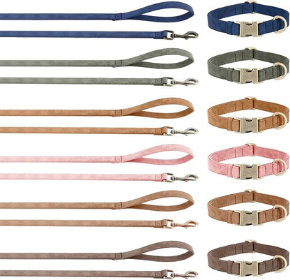 Genuine Leather Dog Collar - Adjustable Pet Collar with Quick Release Metal Buckle, Soft Skin Friendly Real Leather Collar for Small, Medium, Large Dogs (Khaki Collar + Rope, M：Fit 12-20" Neck)