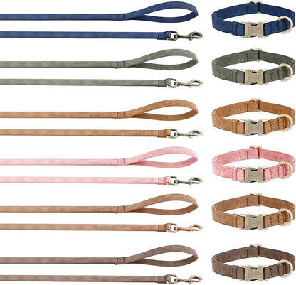 Genuine Leather Dog Collar - Adjustable Pet Collar with Quick Release Metal Buckle, Soft Skin Friendly Real Leather Collar for Small, Medium, Large Dogs (Blue Collar + Rope, L：Fit 15-23" Neck)