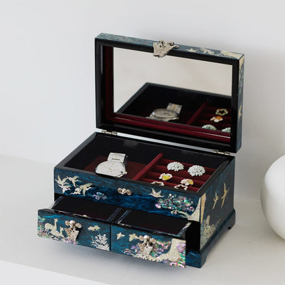 MADDesign Mother of Pearl Lacquered Jewelry Box Two Level Cranes Blue