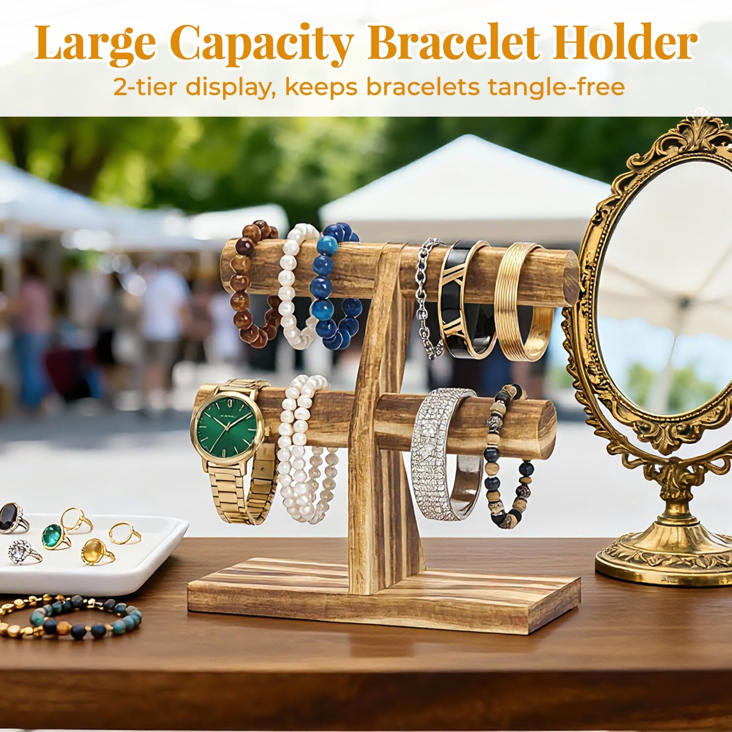 EsLuker.ly Bracelet Holder Display Wooden Stand Organizer, T Bar Bangle Storage Rack for Home Vendors Business Selling, Large Capacity 2 Tier Jewelry Tree Tower for Watches, No Clutter, Rustic Brown
