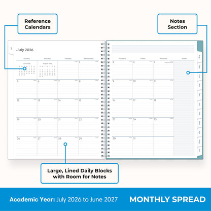 Blue Sky 2026-2027 Weekly and Monthly Academic Year Teacher Lesson Planner Calendar, July 2026 - June 2027, 8.5" x 11", Clear Pocket Cover, Wirebound, Laminated Tabs, Storage Pocket, Dots