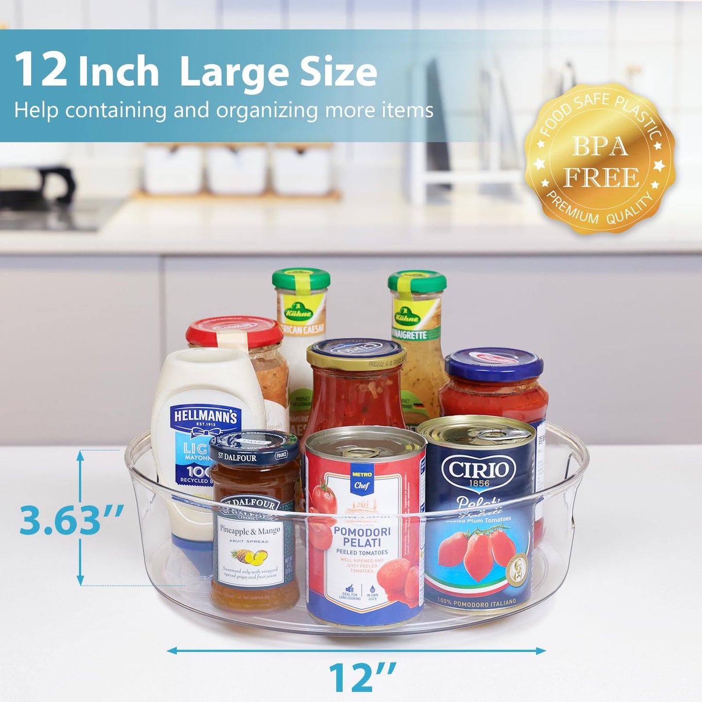 4 Pack Lazy Susan Organizer for Cabinet, Upgraded 11.5" Clear Turntable Organizer with Handles and Raised Edge, Rotating Lazy Susan Spice Storage for Kitchen, Pantry, Refrigerator, Bathroom, Table