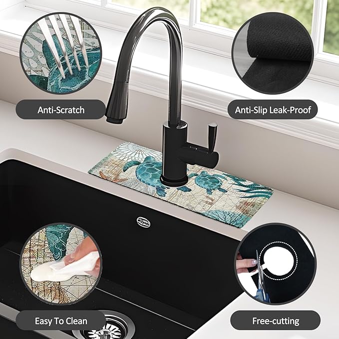 15" X 5.5" Kitchen Sink Splash Guard Faucet Mat Sea Turtles Super Absorbent