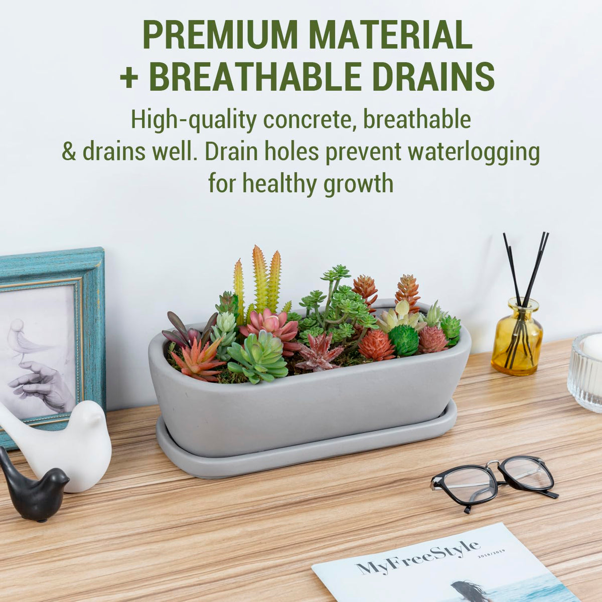MyGift 14 Inch Oval Modern Gray Concrete Succulent Planter Pot with Drainage Hole and Removable Saucer, Decorative Cement Indoor House Plant Container for Flowers, Cactus, Herbs