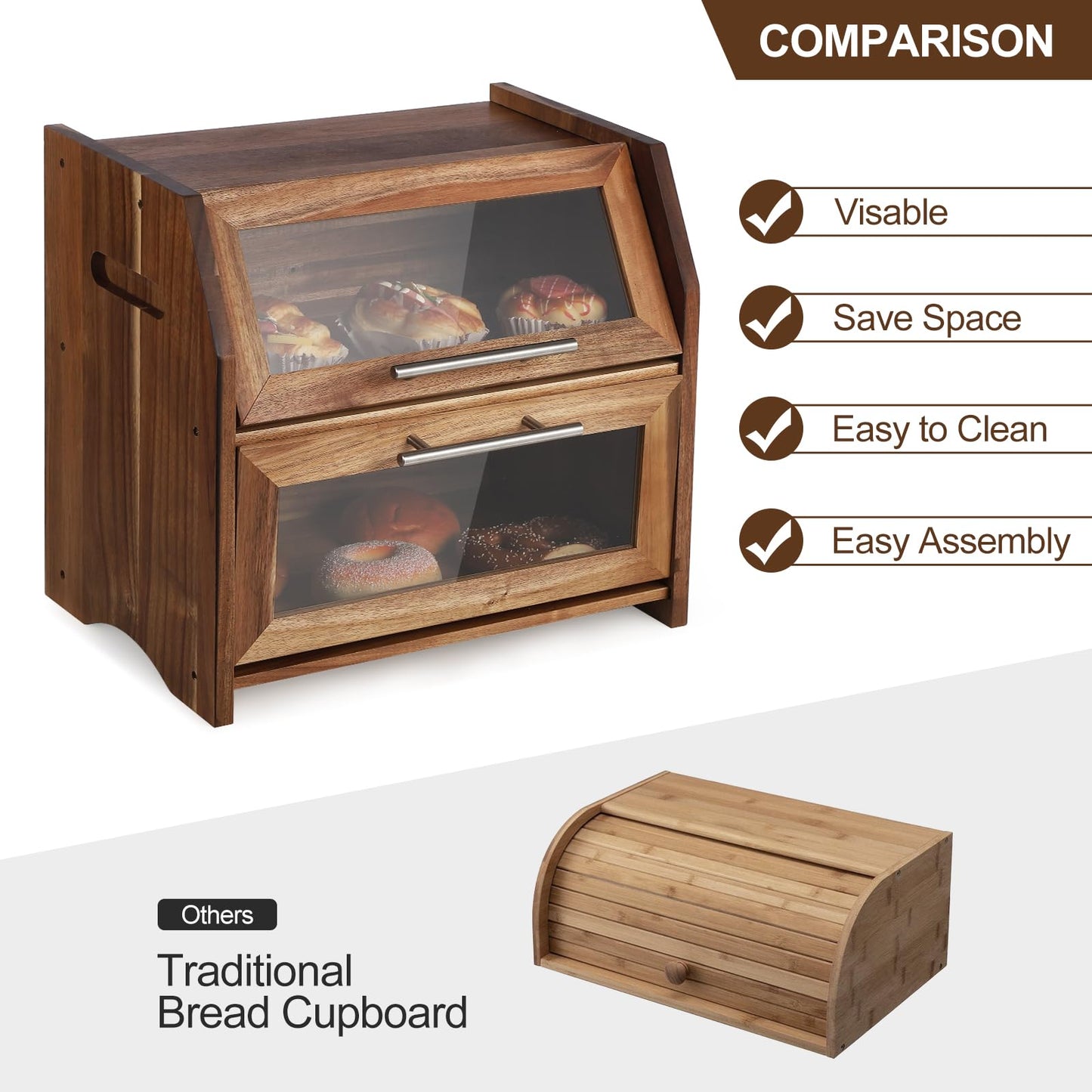 Bread Box, 2 Layer Bread Bin with Clear Acrylic Door Panel and Air Vents, Wooden Countertop Bread Storage Container, Farmhouse Bread Holder for Bread, Bagels and Rolls, Brown