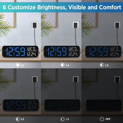 Peakeep Large Display Digital Alarm Clock for Bedrooms, Date Day of Week Calendar Desk Table Clocks for Living Room Office, Dimmable Plug in Electric Clock, 5 Volumes, Loud, Auto DST
